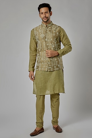 Green Silk Hand Embroidered Bundi Jacket Set by AL USTAAD