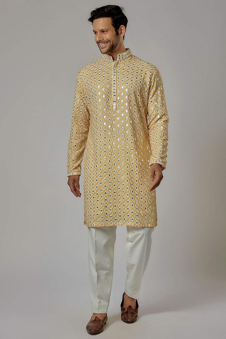 Yellow Georgette Hand Embroidered Kurta Set by AL USTAAD