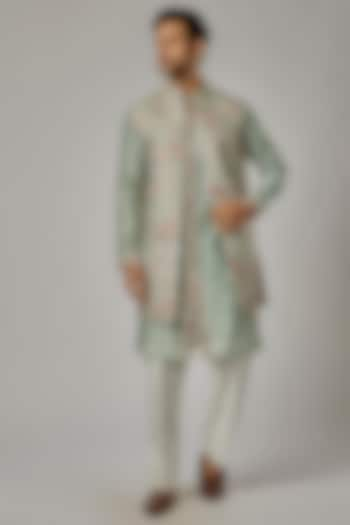 Light Green Silk Machine Embroidered Indowestern Set by AL USTAAD