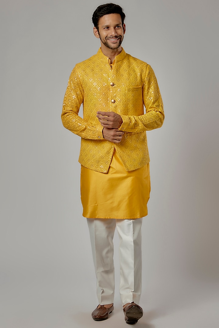 Yellow Cotton Silk Chikankari Embroidered Bundi Jacket Set by AL USTAAD