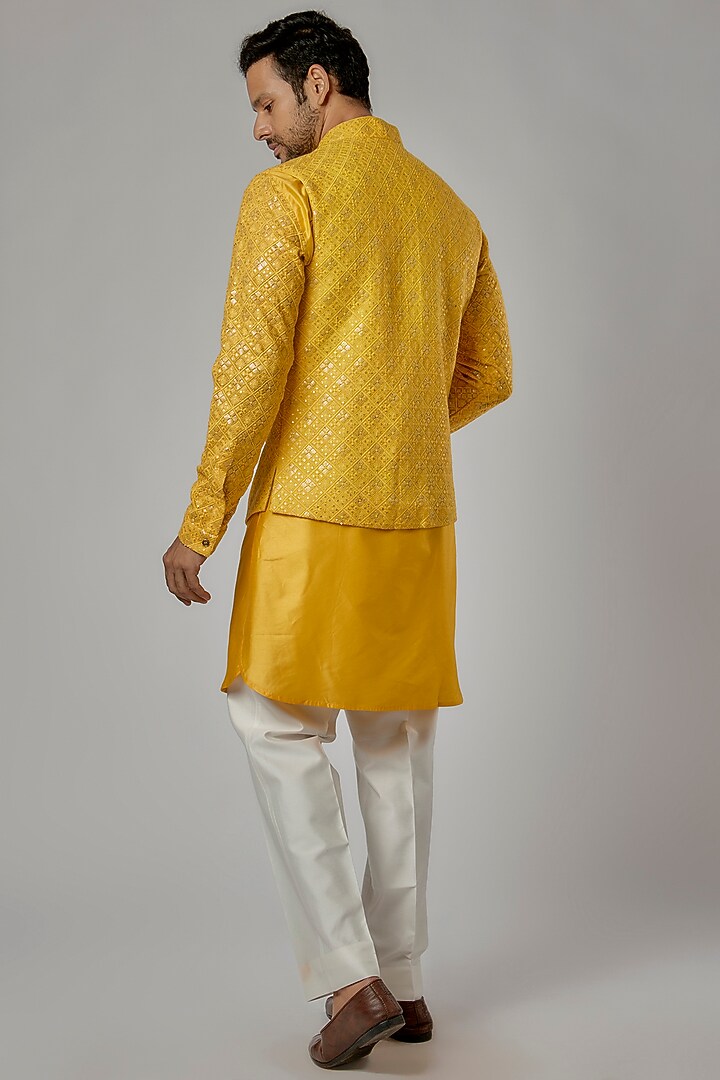 Yellow Cotton Silk Chikankari Embroidered Bundi Jacket Set by AL USTAAD at Pernia's Pop Up Shop