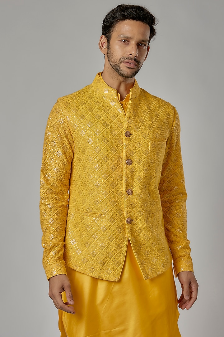 Yellow Cotton Silk Chikankari Embroidered Bundi Jacket Set by AL USTAAD at Pernia's Pop Up Shop