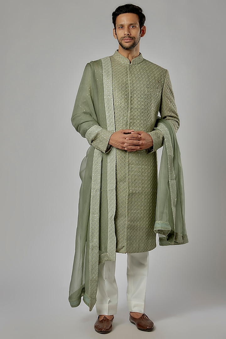 Light Green Chikankari Georgette Sherwani Set by AL USTAAD