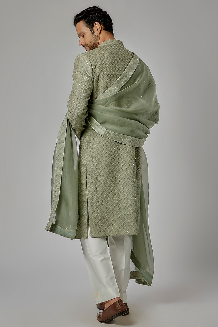Light Green Chikankari Georgette Groom Sherwani Set by AL USTAAD at Pernia's Pop Up Shop