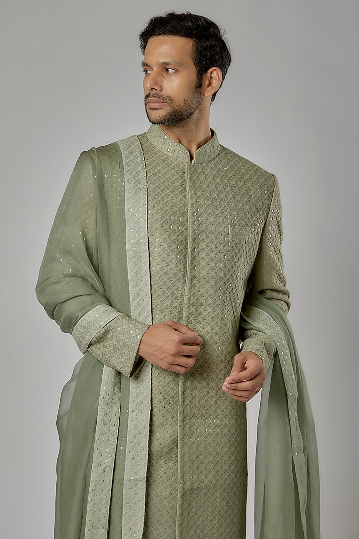 Light Green Chikankari Georgette Groom Sherwani Set by AL USTAAD at Pernia's Pop Up Shop