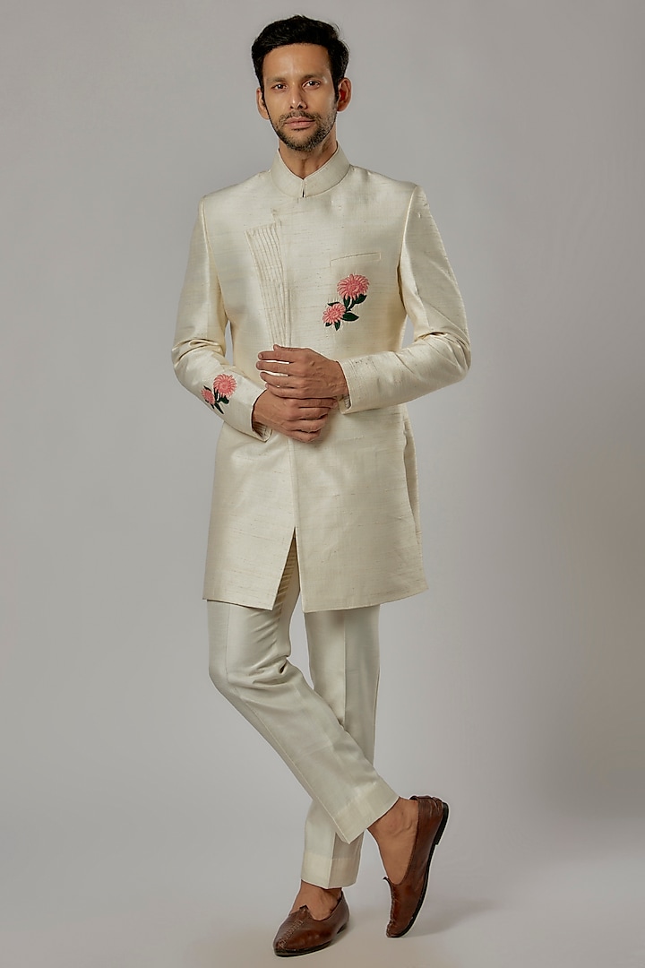 White Silk Machine Embroidered Indowestern Set by AL USTAAD