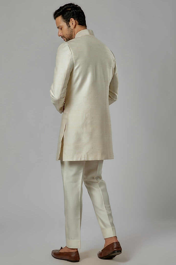 White Silk Machine Embroidered Wedding Indowestern Set by AL USTAAD at Pernia's Pop Up Shop