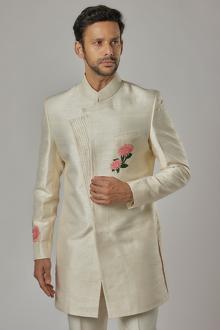 White Silk Machine Embroidered Wedding Indowestern Set by AL USTAAD at Pernia's Pop Up Shop
