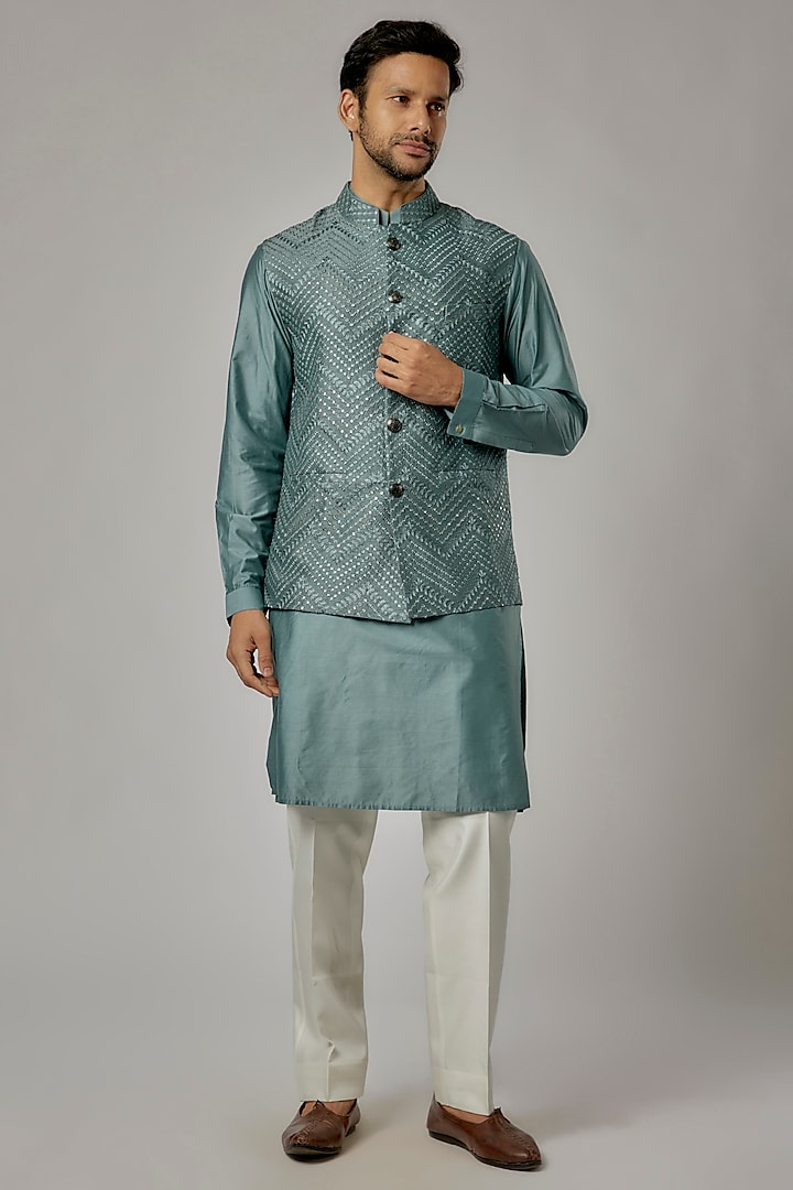 Blue Cotton Silk Embroidered Bundi Jacket Set by AL USTAAD