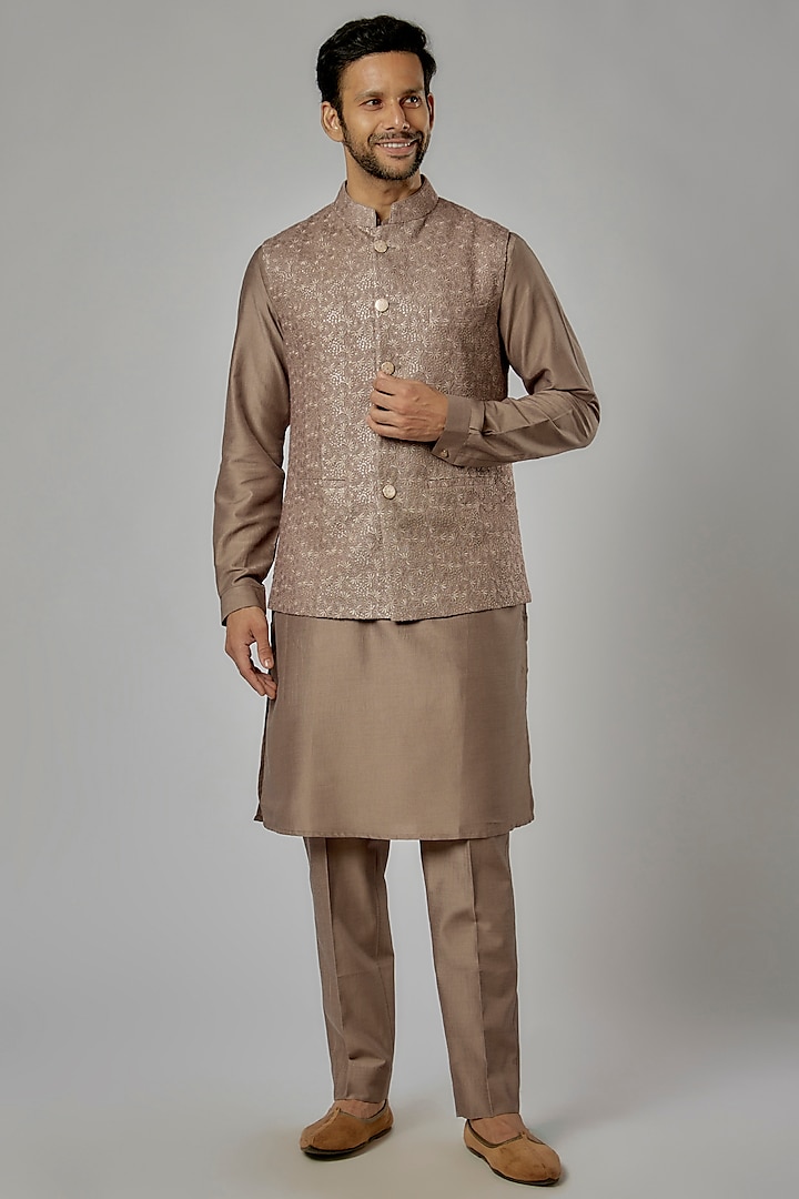 Brown Cotton Silk Embroidered Bundi Jacket Set by AL USTAAD