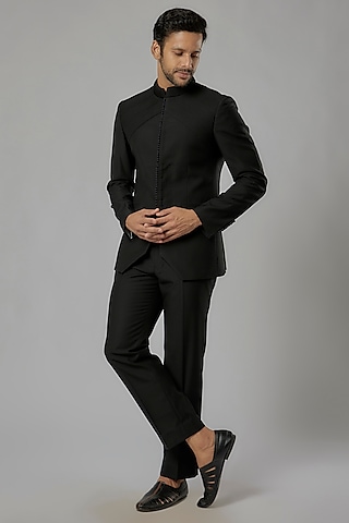 Black Suiting Fabric Bandhgala Set by AL USTAAD