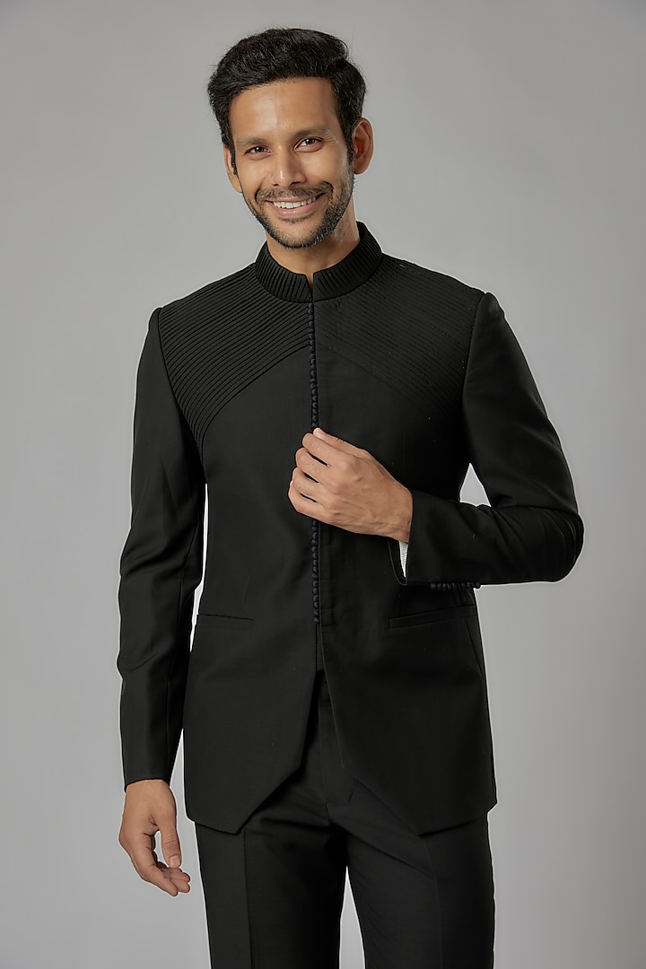Black Suiting Fabric Wedding Bandhgala Set by AL USTAAD at Pernia's Pop Up Shop