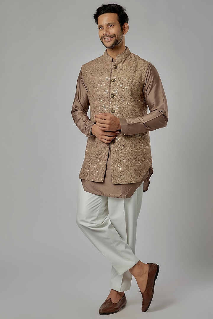 Brown Cotton Silk Machine Embroidered Bundi Jacket Set by AL USTAAD