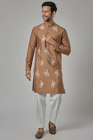 Brown Cotton Silk Machine Embroidered Kurta Set by AL USTAAD