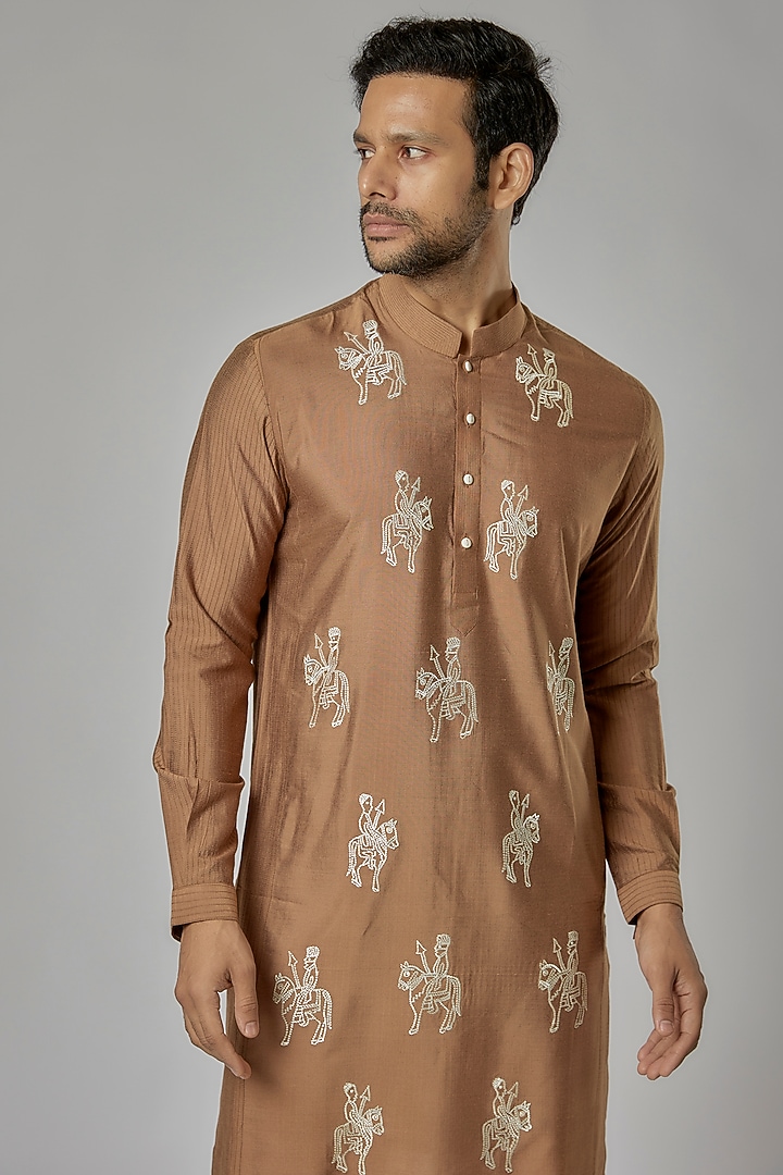 Brown Cotton Silk Machine Embroidered Kurta Set by AL USTAAD at Pernia's Pop Up Shop