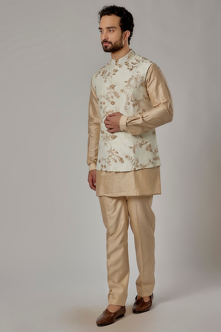 Beige Cotton Silk Embroidered Bundi Jacket Set by AL USTAAD