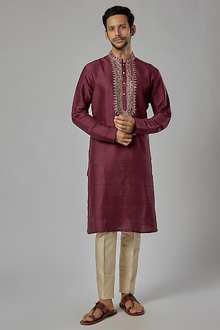 Pink Silk Machine Embroidered Kurta Set by AL USTAAD