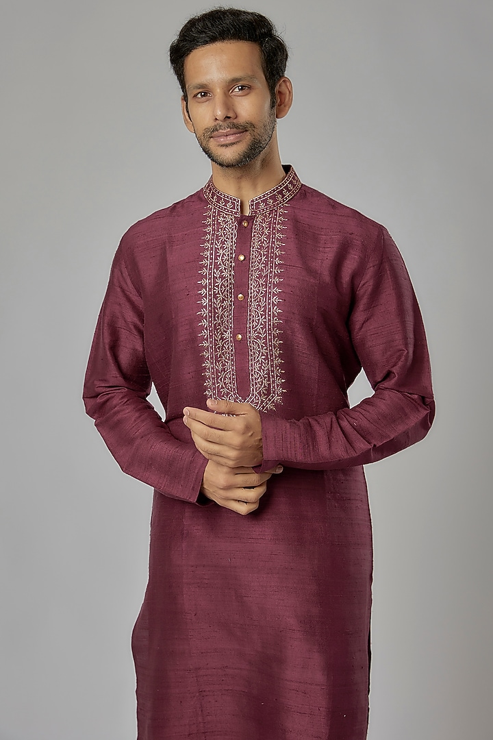 Pink Silk Machine Embroidered Kurta Set by AL USTAAD at Pernia's Pop Up Shop