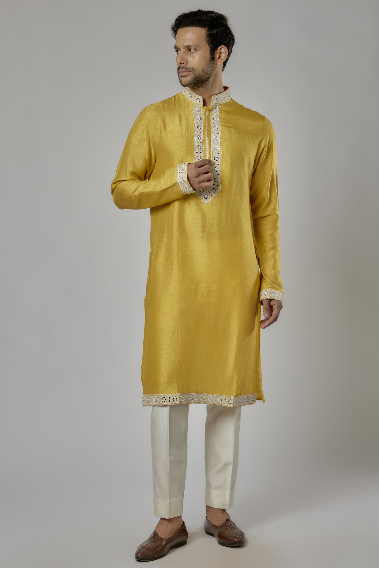 Yellow Silk Machine Embroidered Kurta Set by AL USTAAD