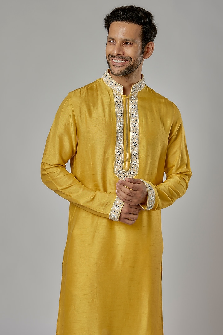 Yellow Silk Machine Embroidered Kurta Set by AL USTAAD at Pernia's Pop Up Shop