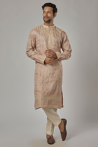 Peach Silk Machine Embroidered Kurta Set by AL USTAAD
