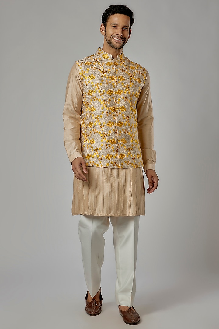 Beige Silk Embroidered Bundi Jacket Set by AL USTAAD