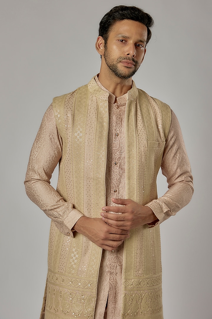 Peach Chikankari Embroidered Wedding Indowestern Set by AL USTAAD at Pernia's Pop Up Shop