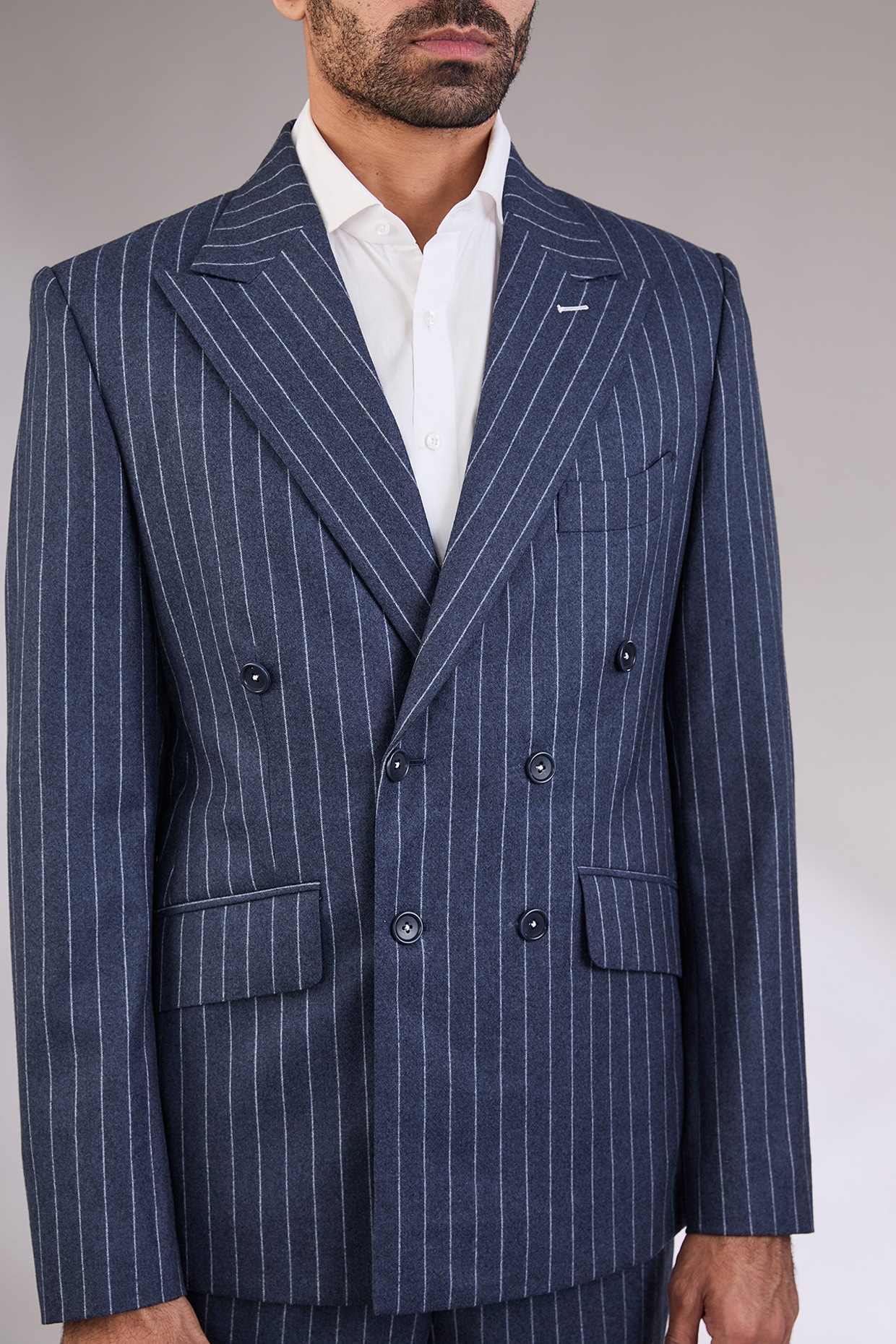 Dark Grey Cool Wool Striped Double Breasted Blazer Set by AL