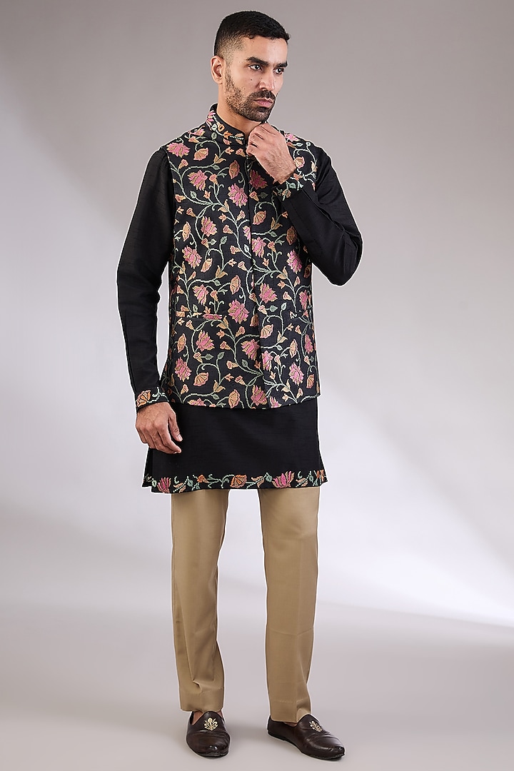 Black Tussar Silk Floral Thread Embroidered Nehru Jacket Set by AL USTAAD