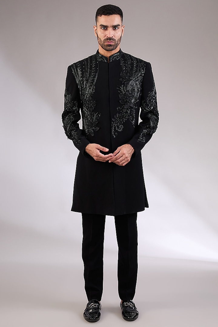 Black Italian Floral Hand Embroidered Wedding Sherwani Set by AL USTAAD at Pernia's Pop Up Shop