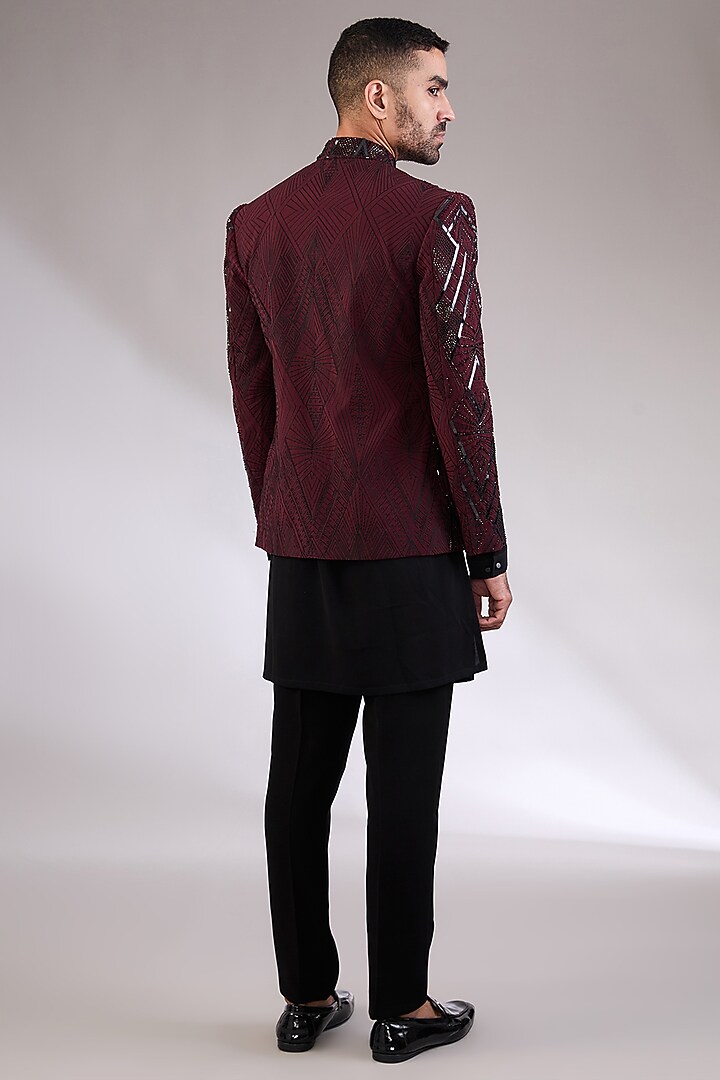 Maroon Italian Hand & Machine Embroidered Groom Bandhgala Set by AL USTAAD at Pernia's Pop Up Shop