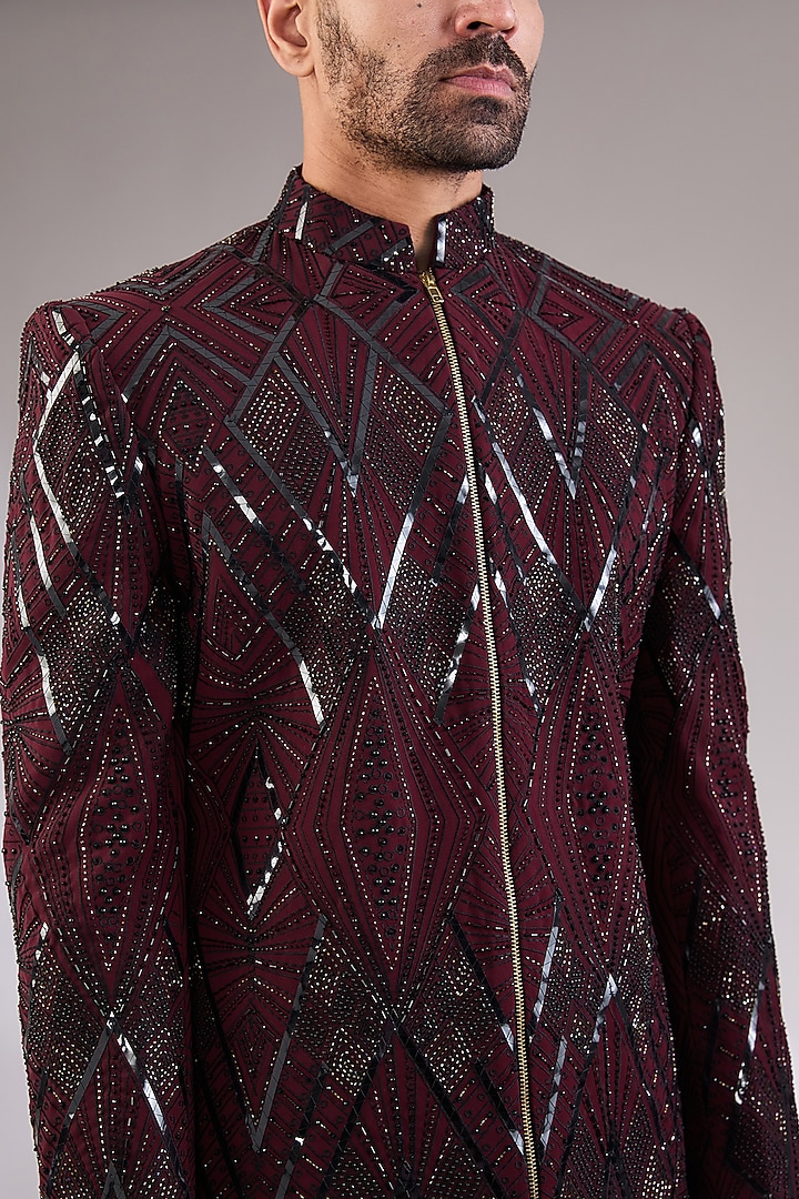 Maroon Italian Hand & Machine Embroidered Groom Bandhgala Set by AL USTAAD at Pernia's Pop Up Shop