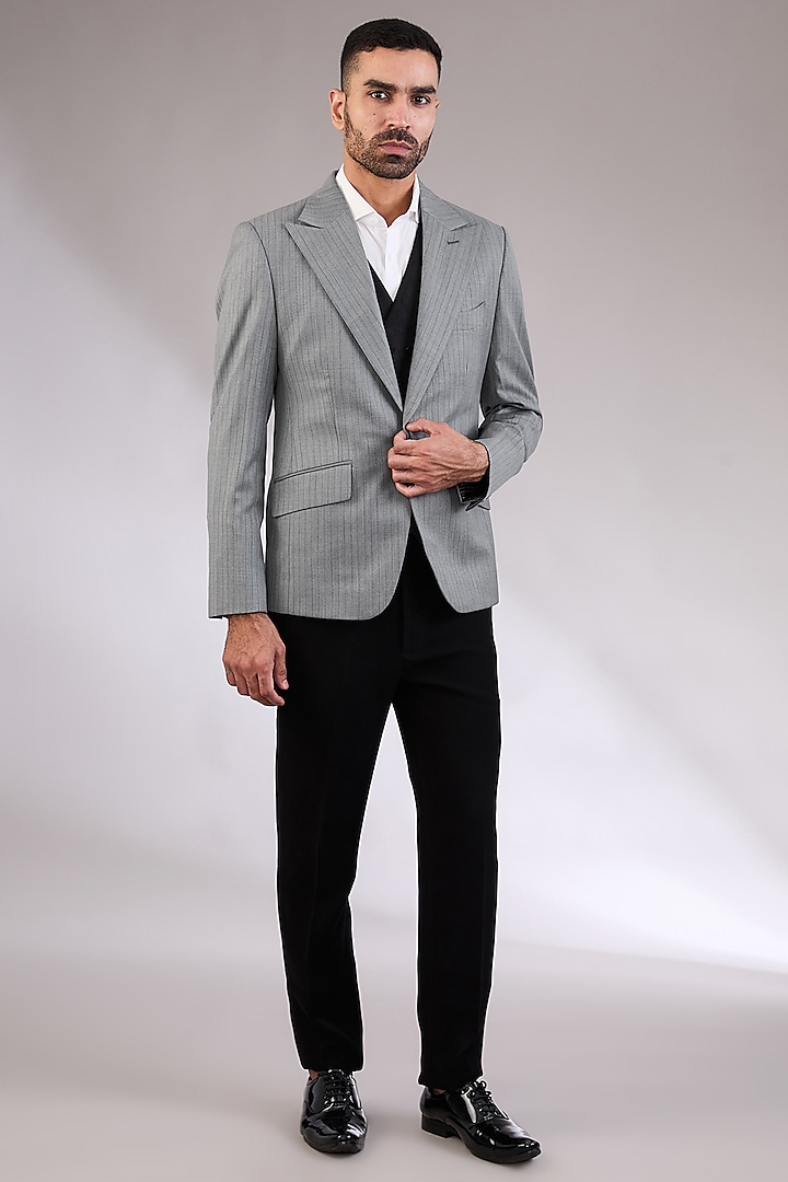 Light Grey Wool Blazer With Waistcoat by AL USTAAD