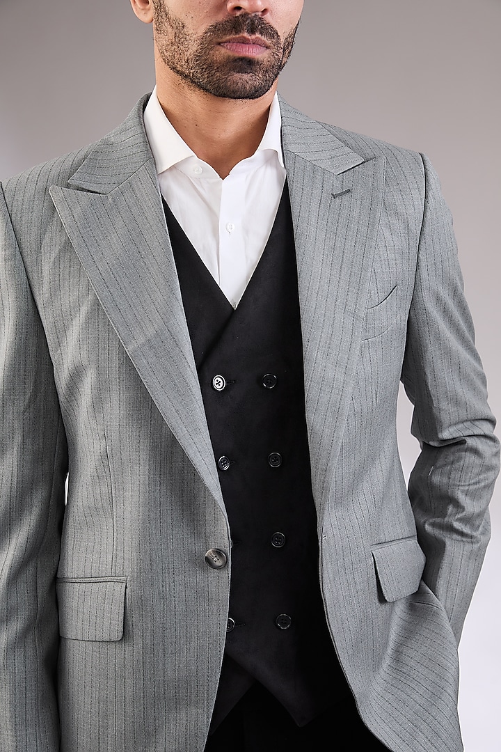 Light Grey Wool Blazer With Waistcoat by AL USTAAD at Pernia's Pop Up Shop