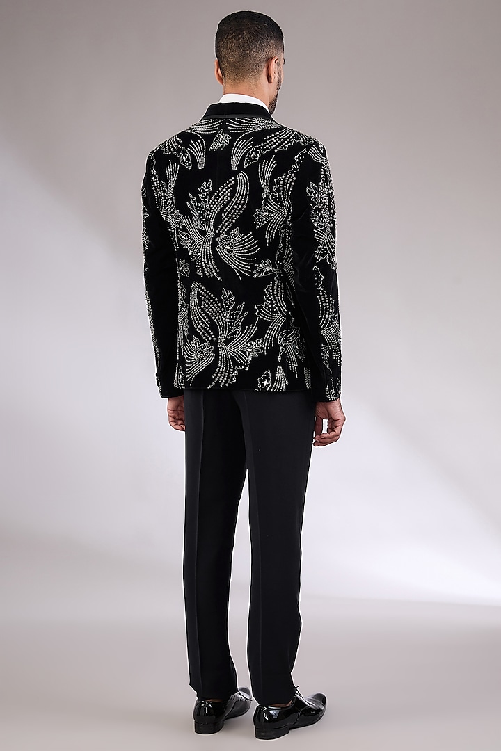 Navy Blue Velvet Hand Embroidered Tuxedo Set by AL USTAAD at Pernia's Pop Up Shop