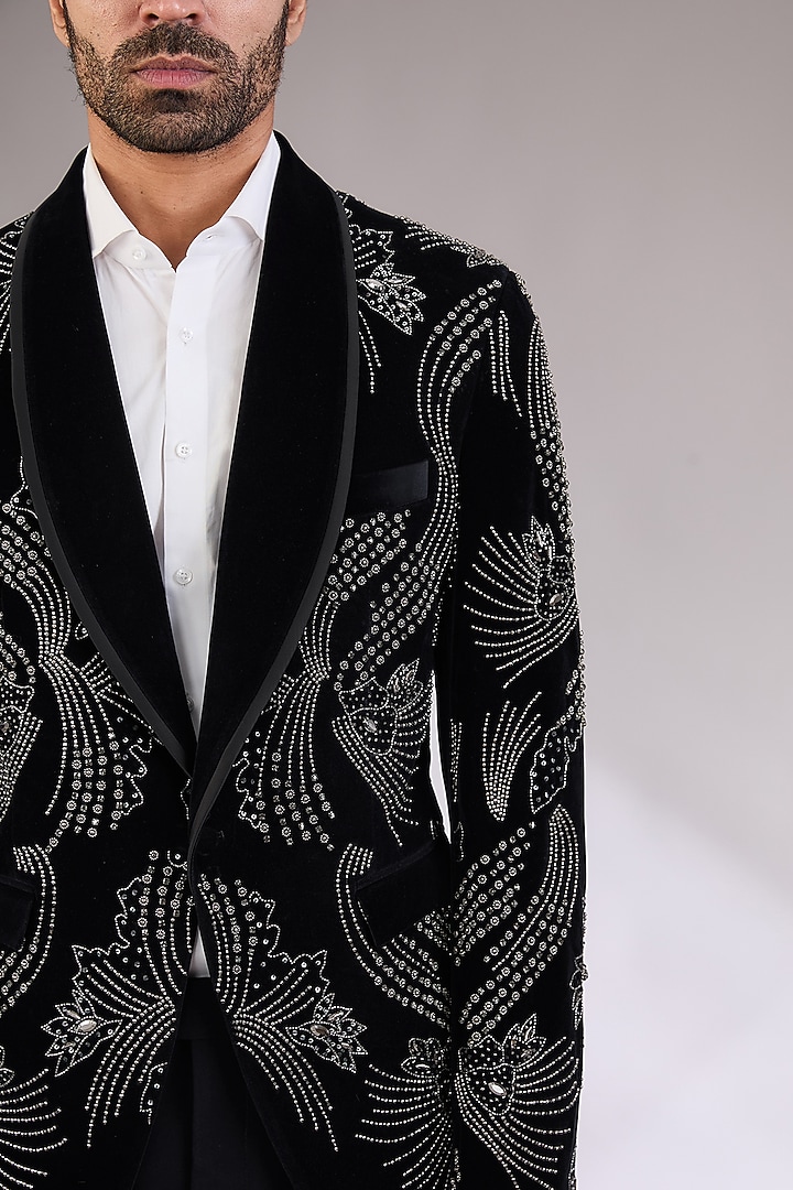 Navy Blue Velvet Hand Embroidered Tuxedo Set by AL USTAAD at Pernia's Pop Up Shop