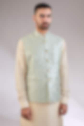 Grey Silk Embroidered Nehru Jacket by AL USTAAD