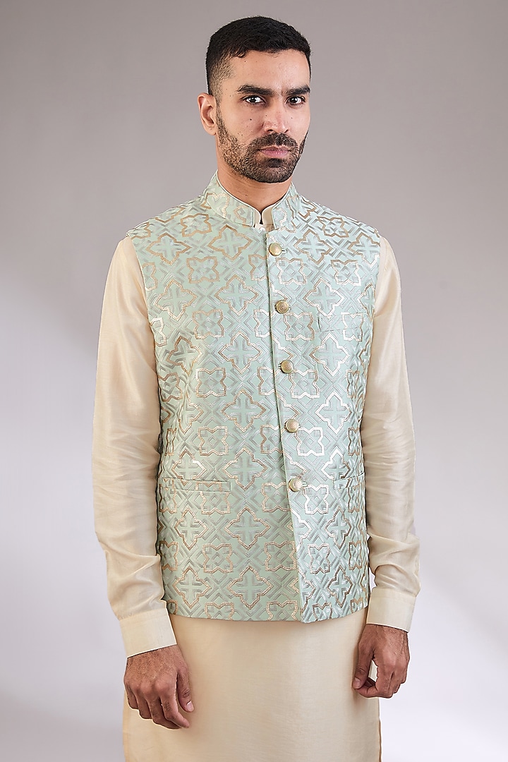 Grey Silk Embroidered Nehru Jacket by AL USTAAD