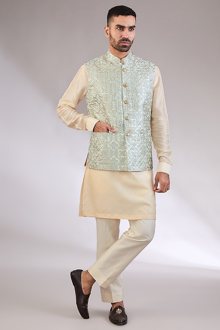Grey Silk Embroidered Nehru Jacket by AL USTAAD at Pernia's Pop Up Shop