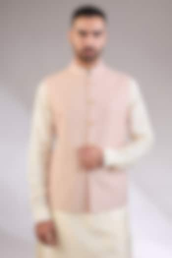 Baby Pink Silk Thread Embroidered Nehru Jacket by AL USTAAD