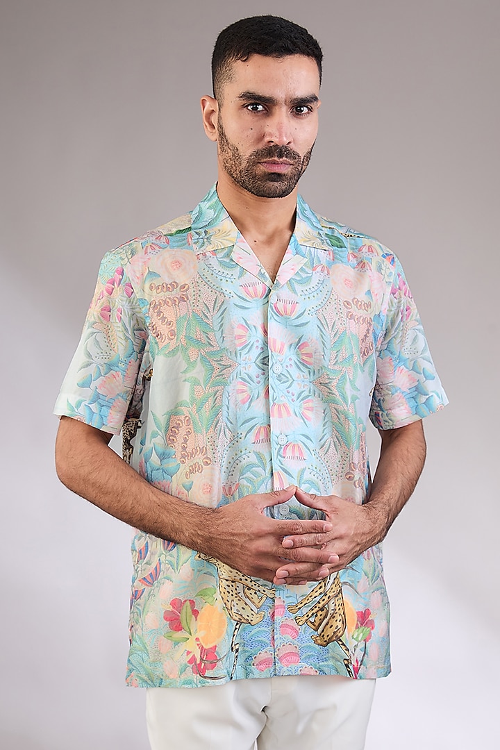 Multi-Colored Satin Silk Printed Bowling Shirt by AL USTAAD at Pernia's Pop Up Shop