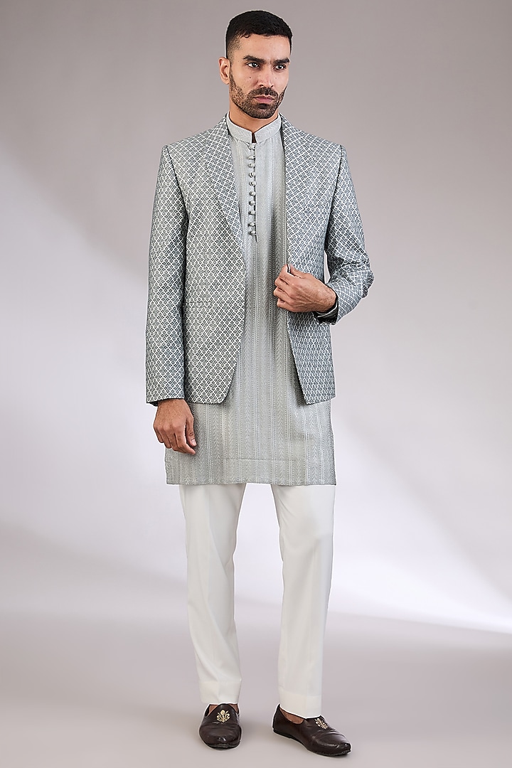 Grey Silk Printed Indowestern Set by AL USTAAD at Pernia's Pop Up Shop