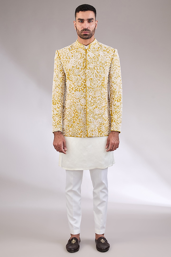 Yellow Silk Pearl Embroidered Bandhgala Set by AL USTAAD at Pernia's Pop Up Shop