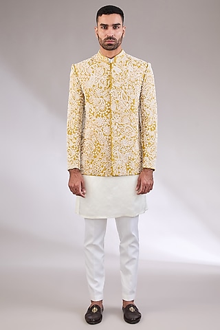 Yellow Silk Pearl Embroidered Bandhgala Set by AL USTAAD