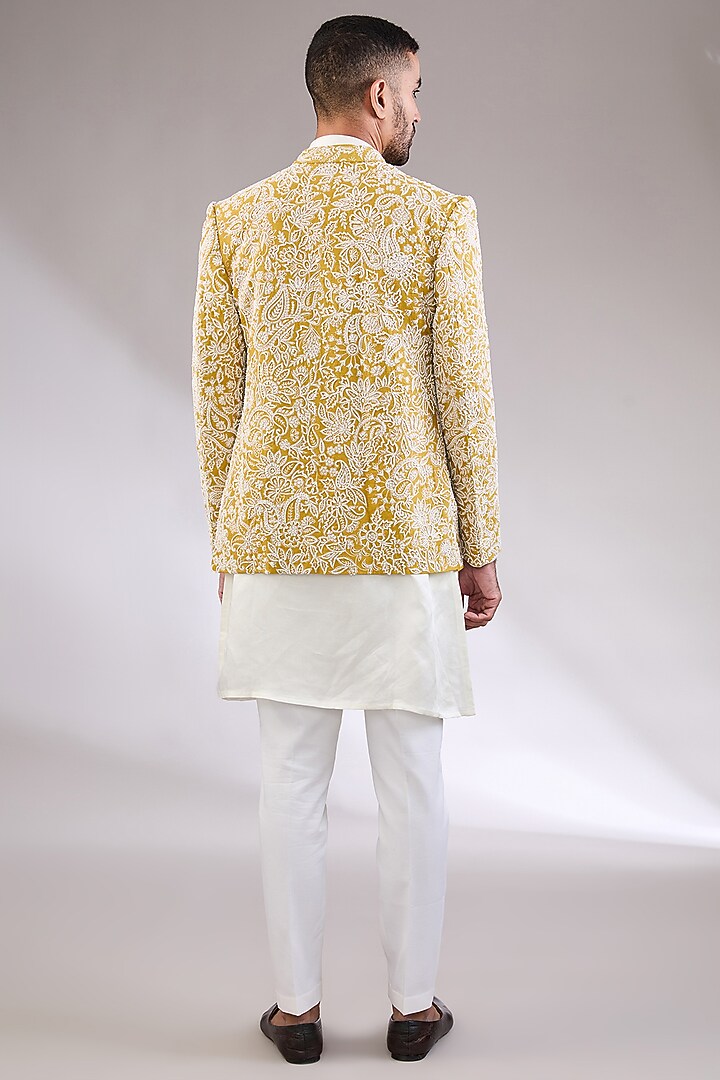 Yellow Silk Pearl Embroidered Groom Bandhgala Set by AL USTAAD at Pernia's Pop Up Shop