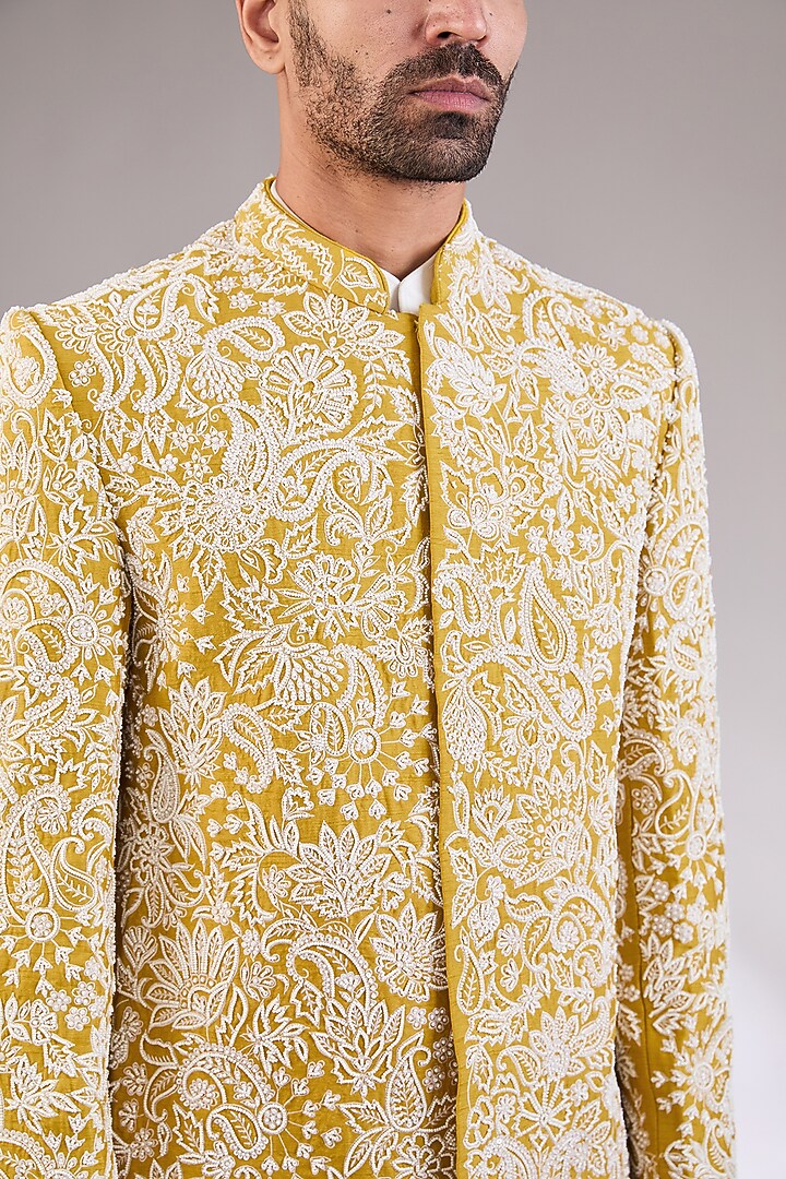 Yellow Silk Pearl Embroidered Groom Bandhgala Set by AL USTAAD at Pernia's Pop Up Shop