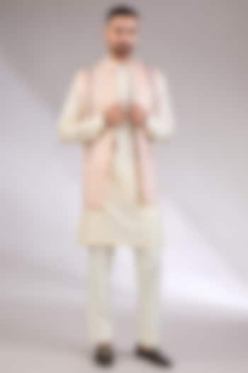 Peach-Grey Silk Embroidered Open Nehru Jacket by AL USTAAD