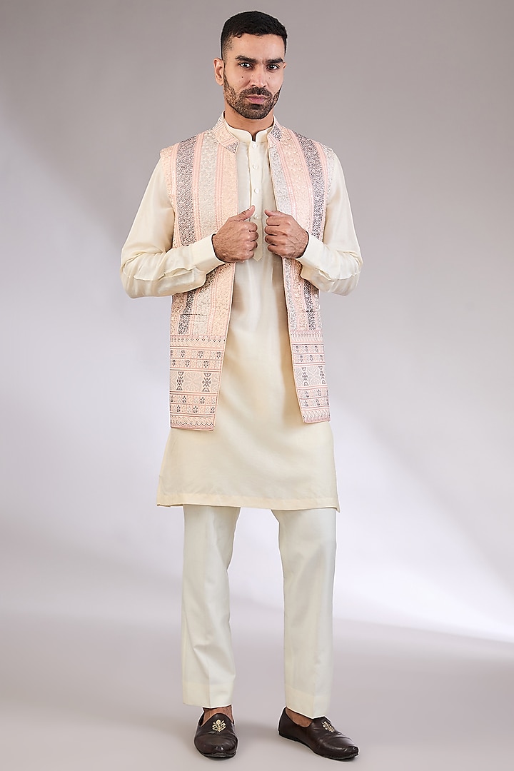 Peach-Grey Silk Embroidered Open Nehru Jacket by AL USTAAD