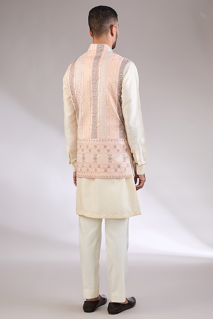 Peach-Grey Silk Embroidered Open Nehru Jacket by AL USTAAD at