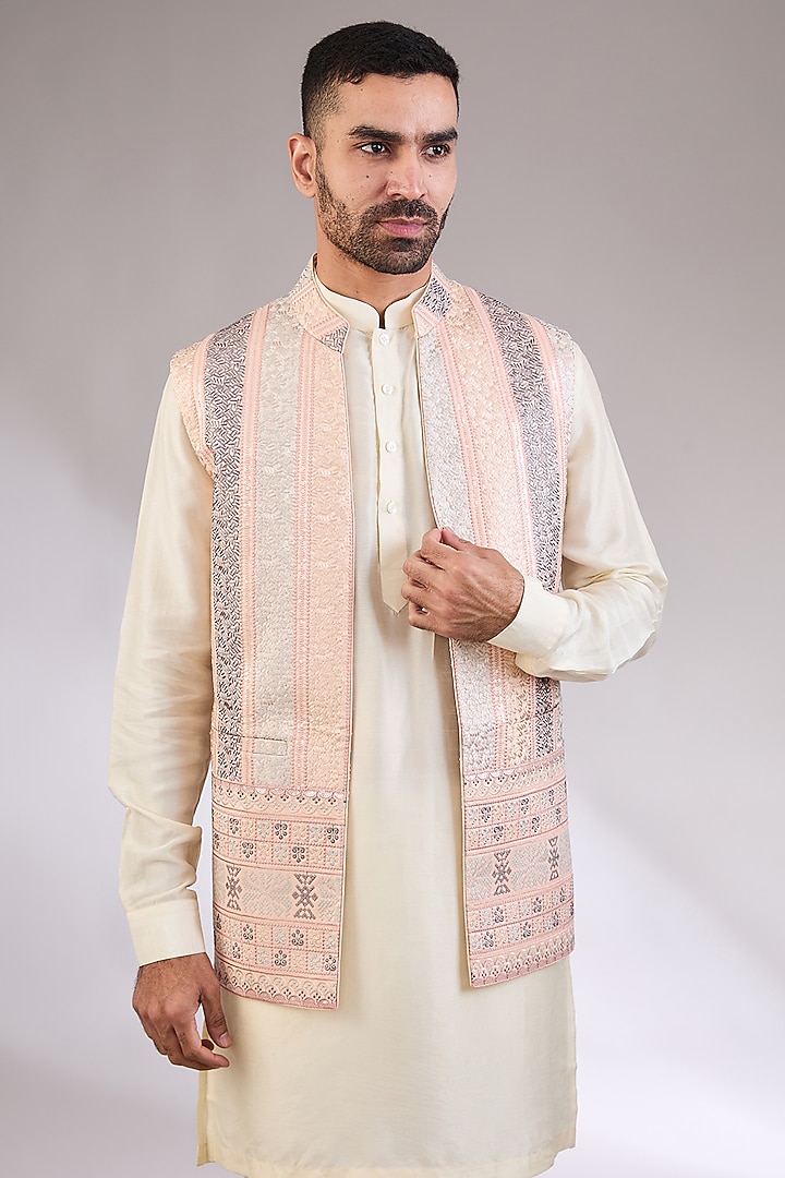 Peach-Grey Silk Embroidered Open Nehru Jacket by AL USTAAD at Pernia's Pop Up Shop